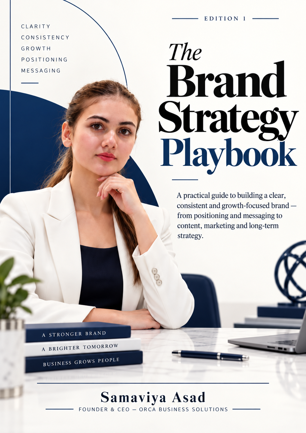 The Brand Strategy Playbook free e-book cover — brand strategy guide by Samaviya Asad, Orca Business Solutions